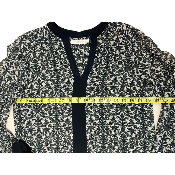 Tory Burch Tunic Top Semi Sheer Black Cream Paisley Print V-Neck Long Sleeve, 6 - Picture 7 of 9